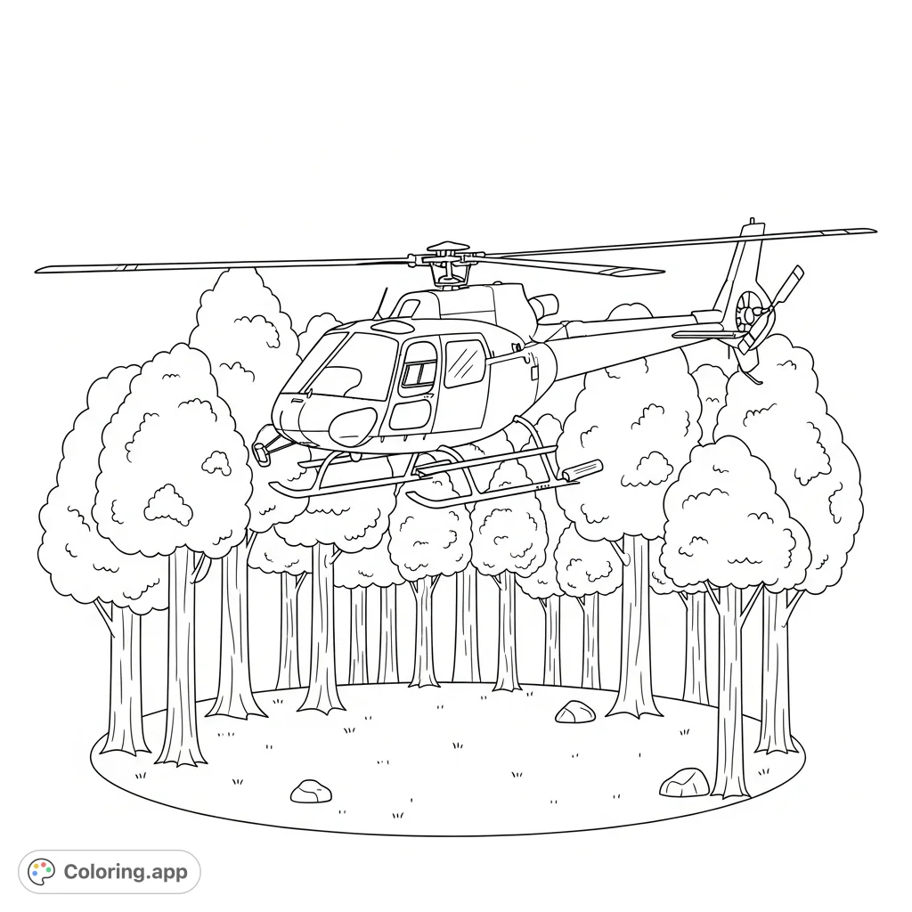 A light civilian helicopter hovers above a clear forest opening. Simplified trees surround the scene, offering a detailed yet accessible coloring experience.
