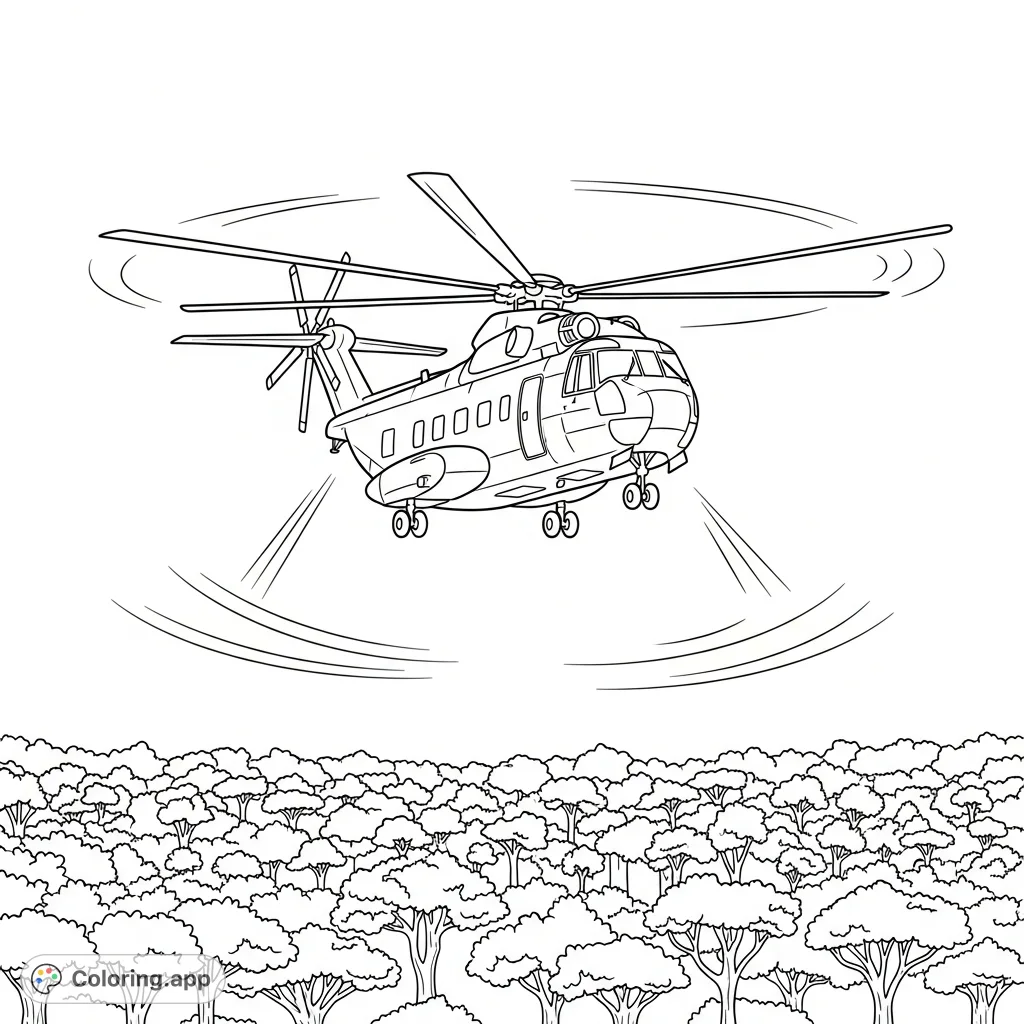 A powerful transport helicopter hovers above a dense forest canopy, its large rotors and intense rotor wash clearly depicted, offering a detailed aerial scene.