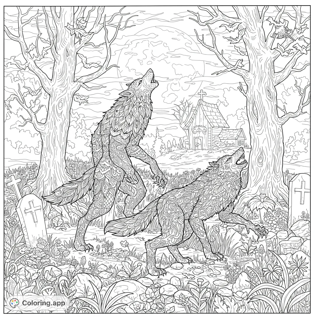 Intricate werewolf coloring page featuring two howling beasts in a moonlit graveyard with detailed trees and gravestones. Free printable.