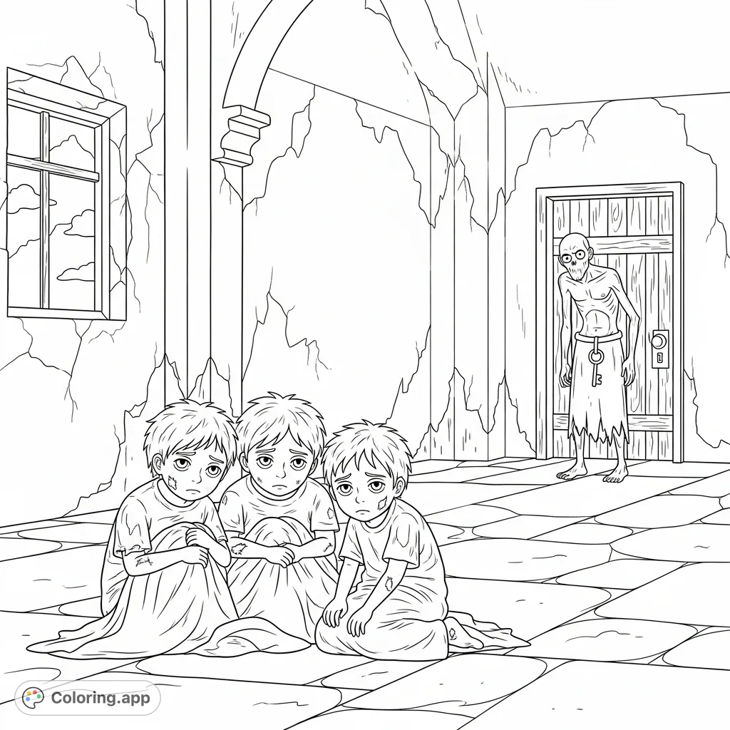 Explore a poignant scene of three weary children and an imposing figure in a room with peeling walls and a grimy window. A narrative coloring page.