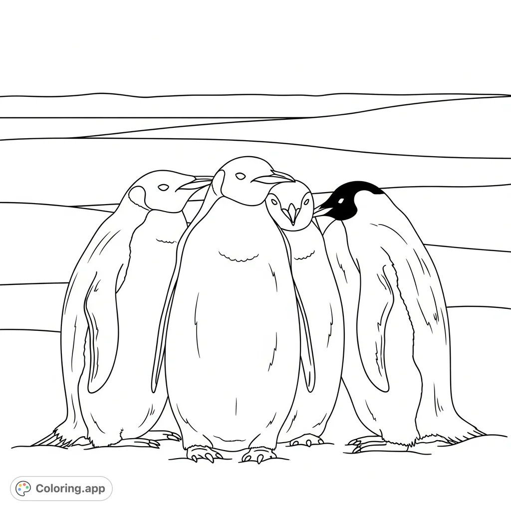 A charming coloring page featuring a cozy huddle of three penguins amidst a snowy landscape. Perfect for all ages to enjoy the beauty of arctic wildlife.