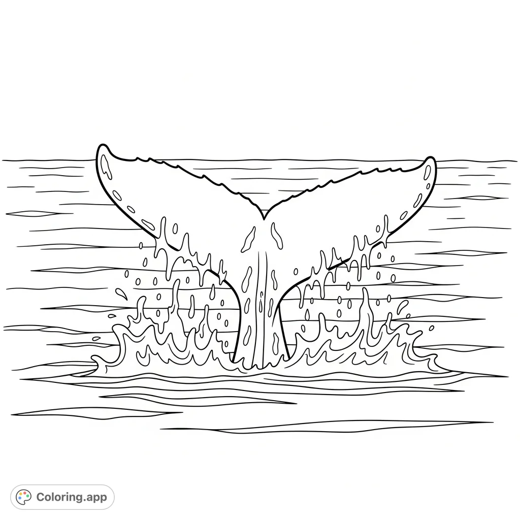 Capture the majestic power of a humpback whale's tail as it splashes above the ocean, surrounded by dynamic, simplified waves. Perfect for all ages.