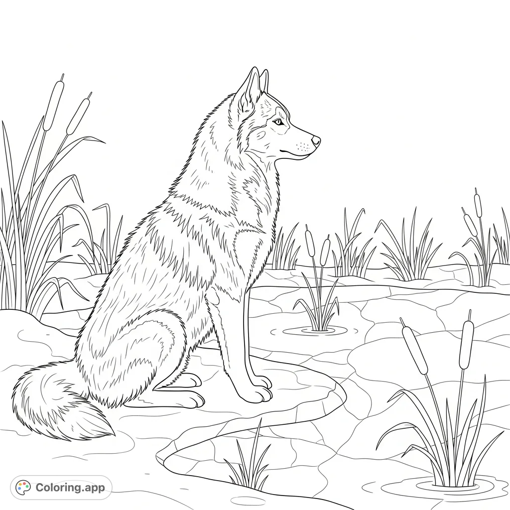 A charming husky sits peacefully beside a frozen pond, surrounded by delicate reeds and intricate ice cracks, inviting a calming coloring experience.