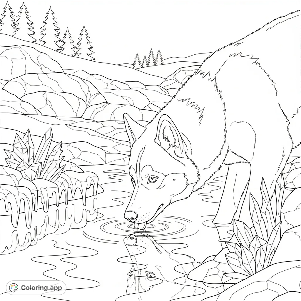 A detailed coloring page featuring a husky drinking from a serene stream with intricate icy edges, perfect for animal and nature lovers.