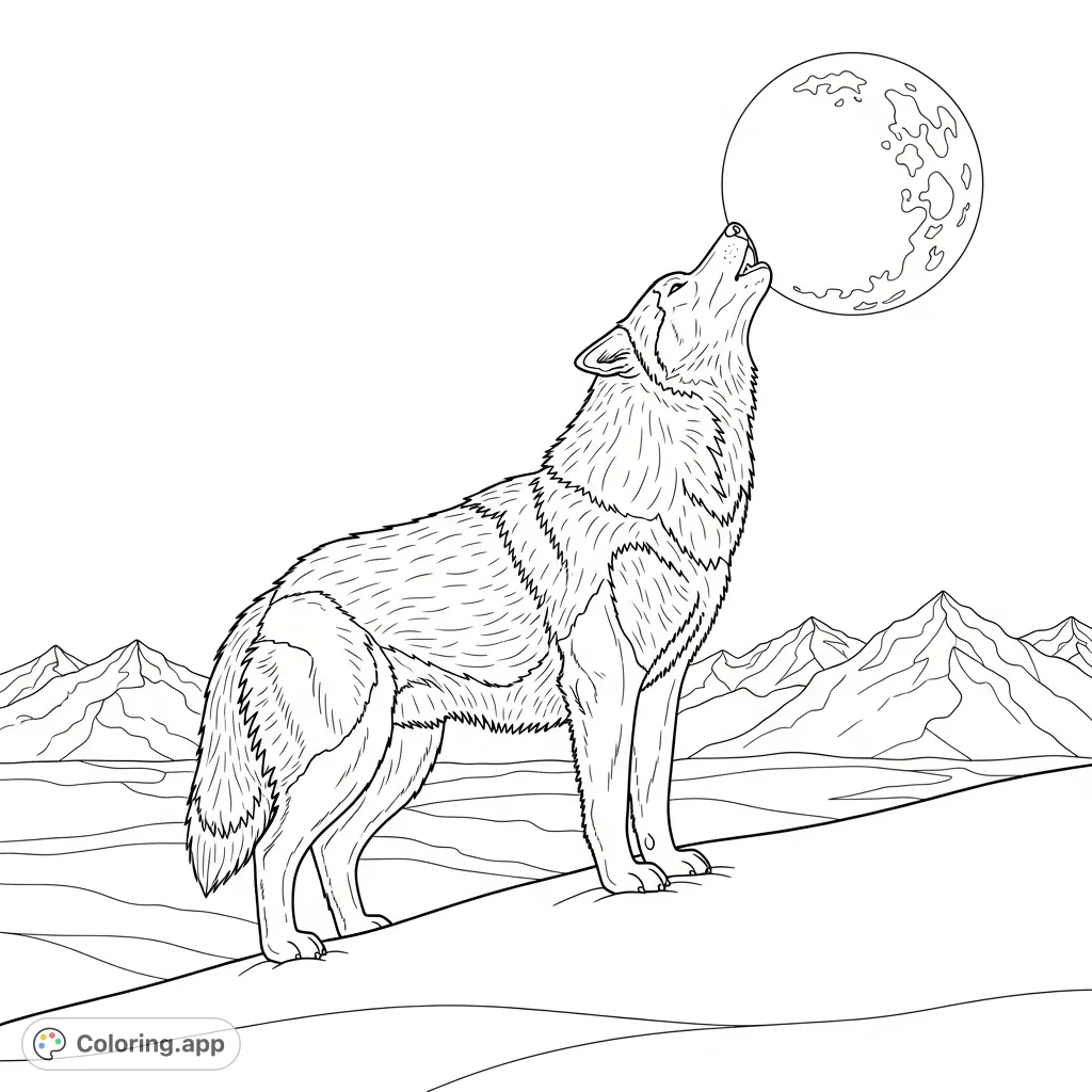 A majestic husky howls at a full moon from a snowy ridge. Distant mountains with contour lines complete this serene, moonlit winter landscape.