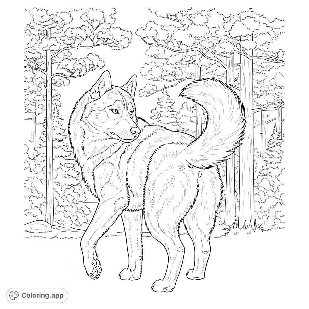 A stunning husky coloring page, featuring a majestic canine turning its head mid-walk in a serene pine forest. Perfect for dog and nature lovers.