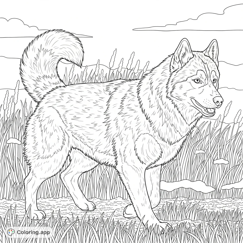 A majestic husky walks through a field of tall, snow-tipped grass, its keen eyes and distinctive markings visible. A serene winter nature scene awaits your creative touch.