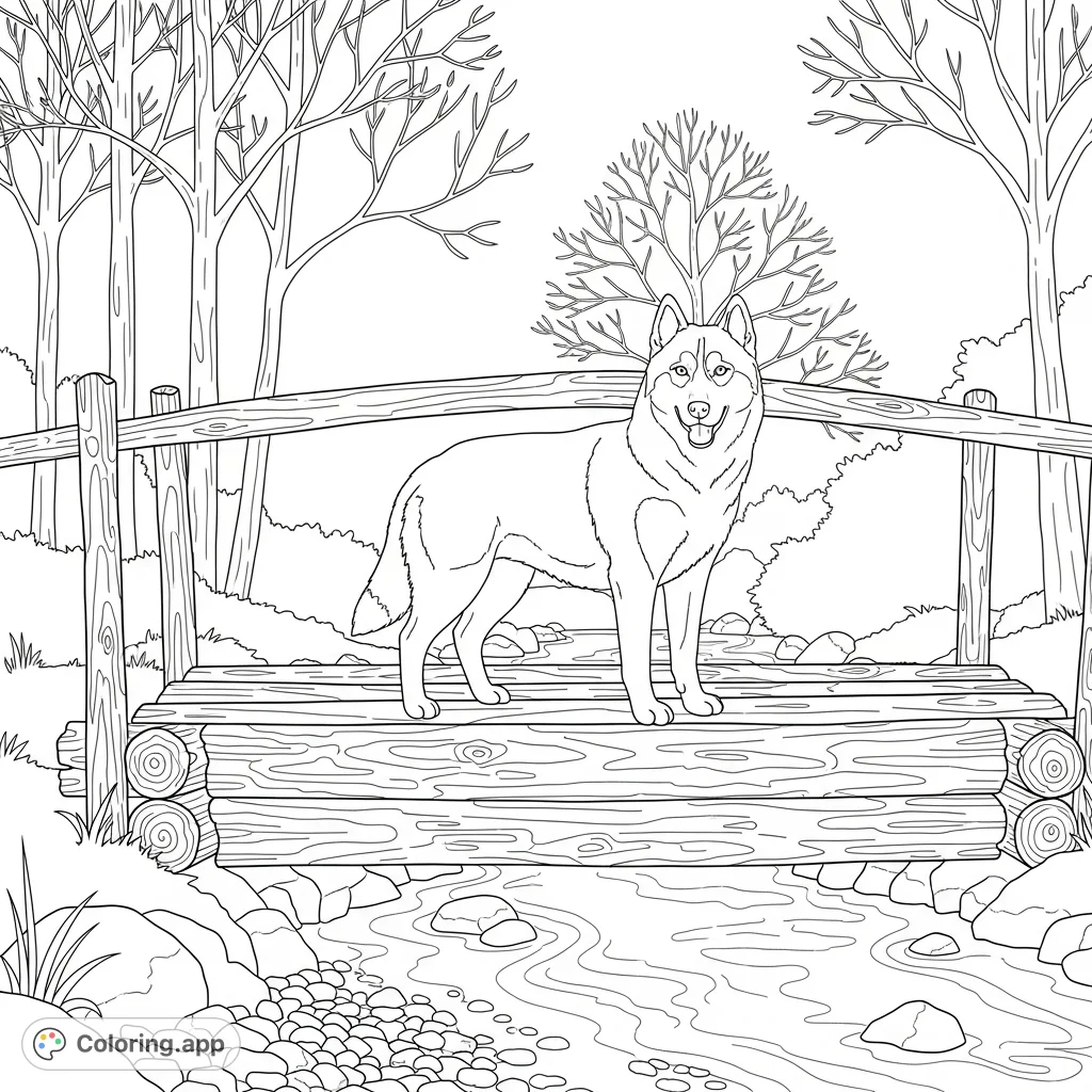 An adventurous husky stands on a rustic log bridge over a flowing stream, surrounded by a peaceful natural landscape with sparse trees. A serene outdoor scene.