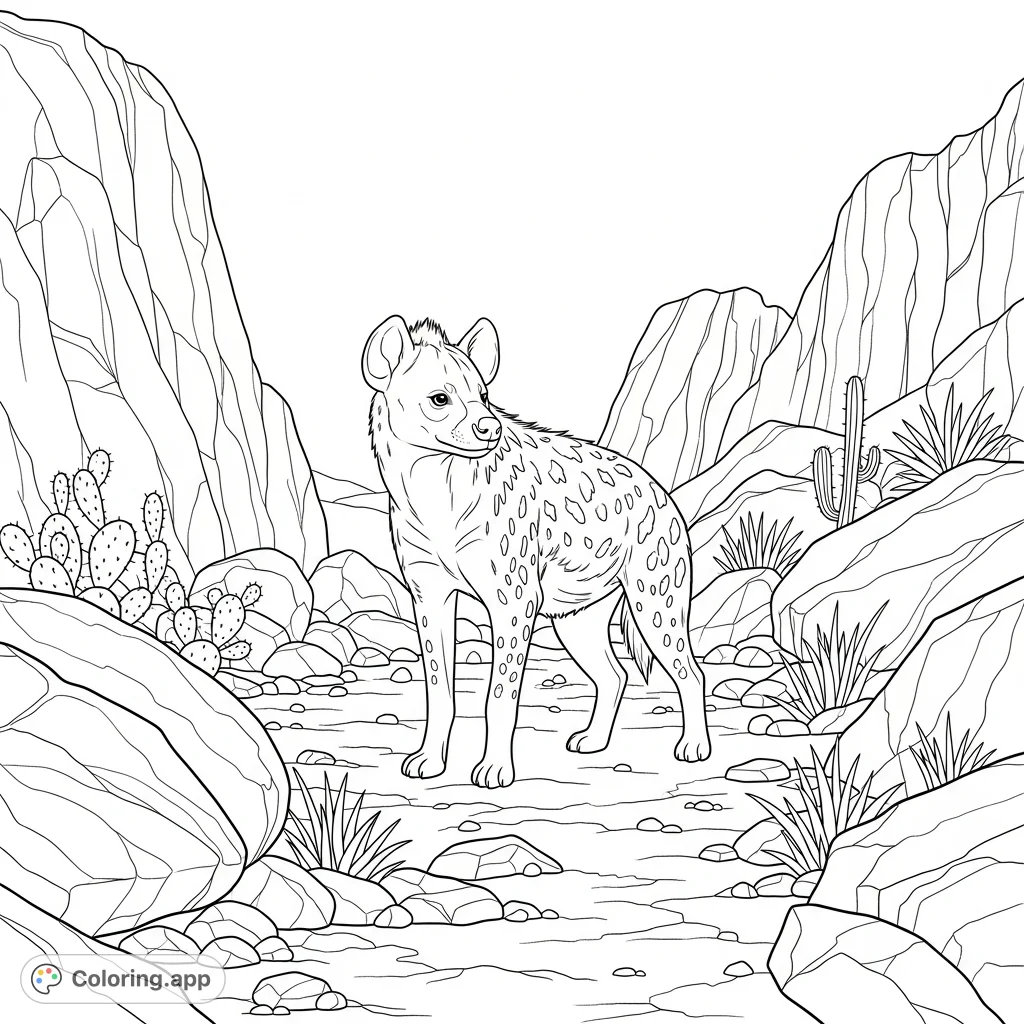 Explore a detailed scene featuring a spotted hyena amidst rugged rock formations and sparse desert plants. A captivating wild animal coloring adventure awaits!