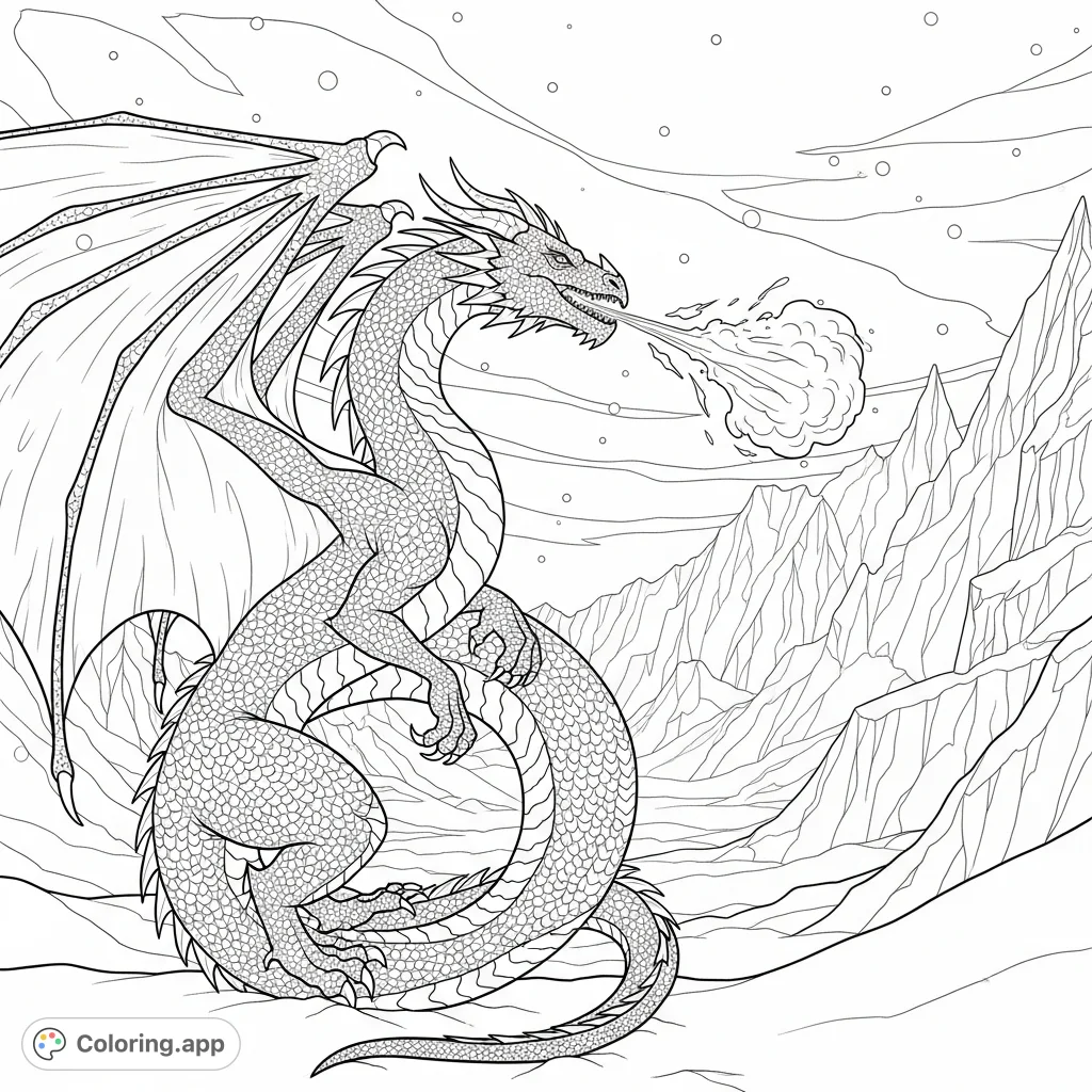 A powerful dragon exhales jagged ice breath across a stark, snowy landscape with icy mountains and swirling snowflakes. Intricate details await your creative touch.