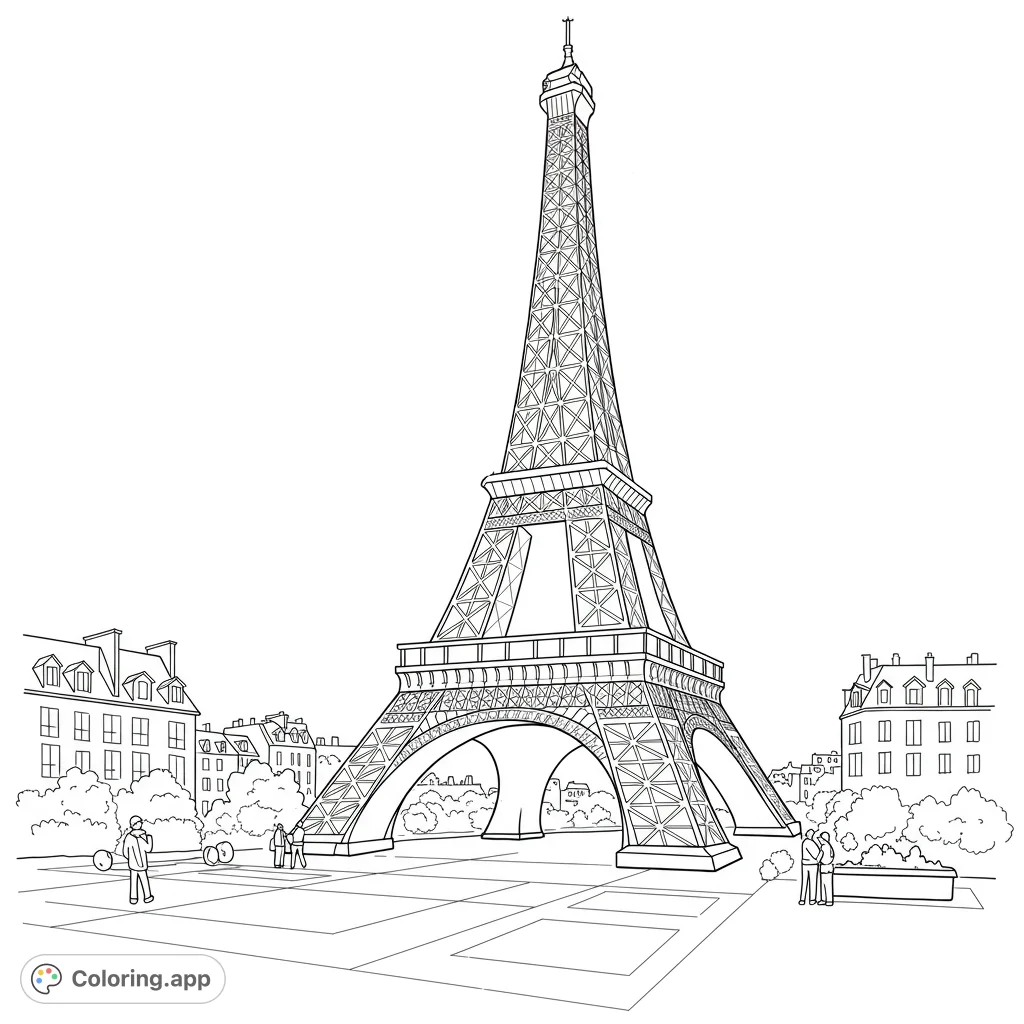 Explore Paris with this free printable Eiffel Tower coloring page, featuring the iconic landmark, charming buildings, and a bustling plaza for all ages.