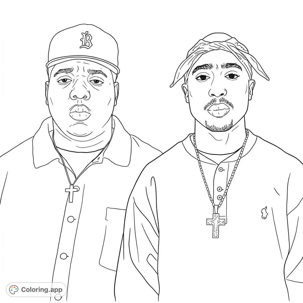 Color an iconic hip hop legends coloring page featuring two legendary artists. A free printable coloring page for adults and teens, perfect for music fans.