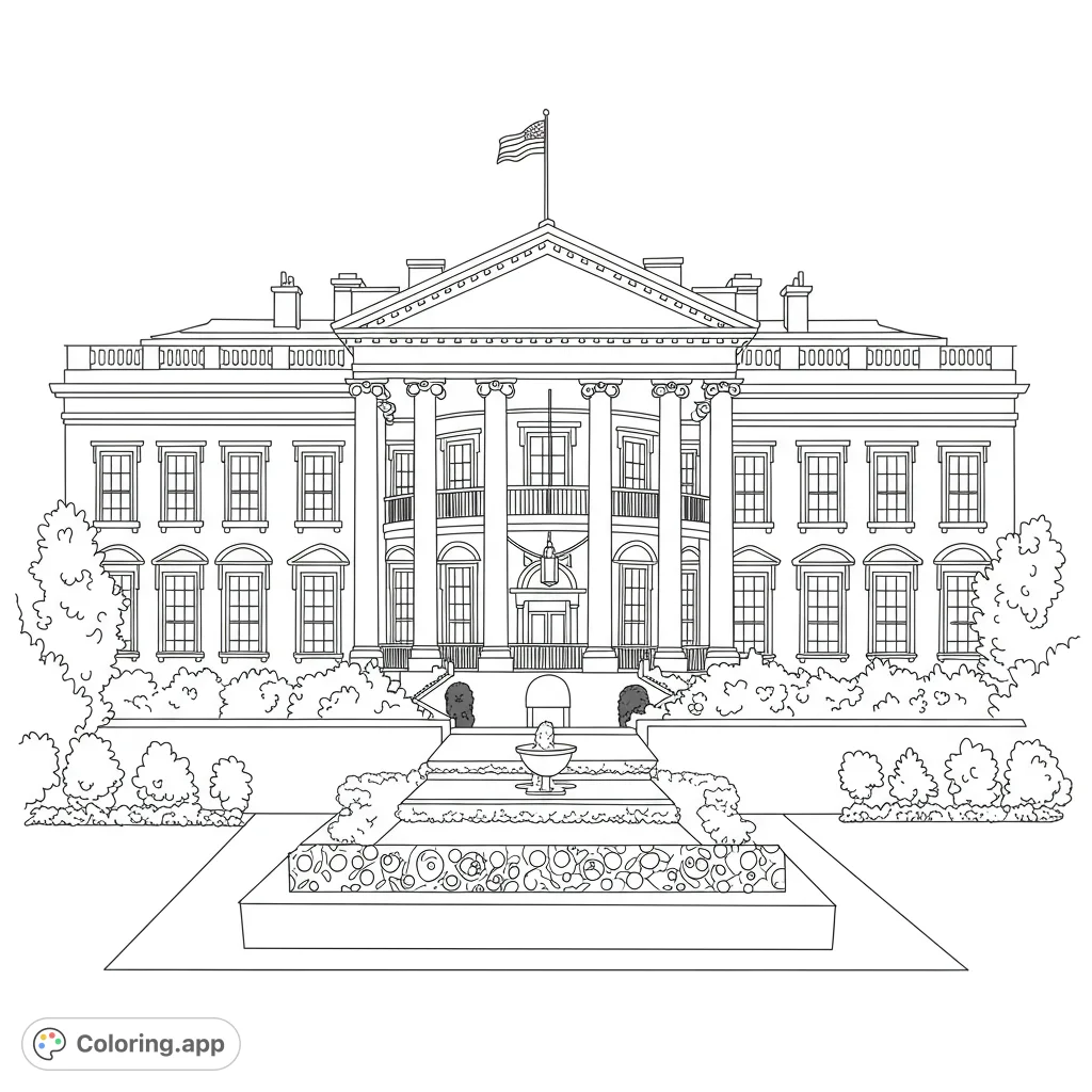 Detailed White House coloring page featuring its iconic facade, grand columns, American flag, and elegant front garden with a fountain. Free printable.