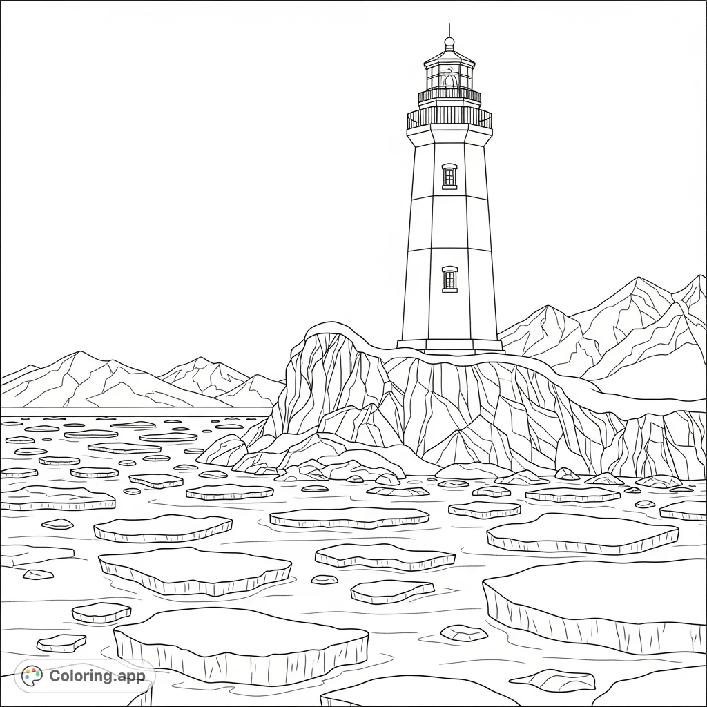 Color a dramatic lighthouse scene on an icy northern coastline, featuring intricate rock formations, floating ice, and distant snow-capped mountains.