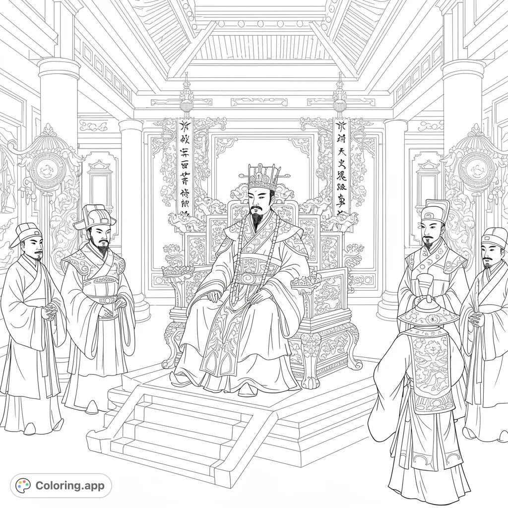 Step into an ancient imperial court. A majestic emperor on his throne, surrounded by loyal courtiers in a grand, ornate palace hall.