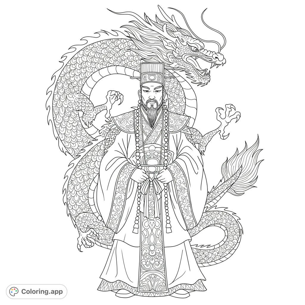 An intricate Chinese emperor and majestic dragon coloring page. Features detailed robes, scales, and a powerful mythical beast.