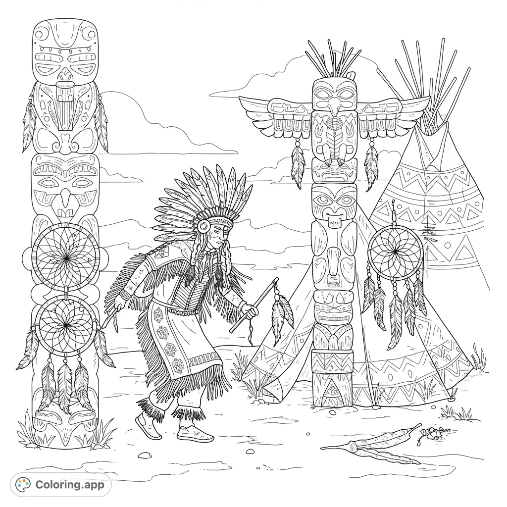 Explore a detailed Native American cultural scene featuring a person in traditional attire, majestic totem poles, and a patterned teepee.