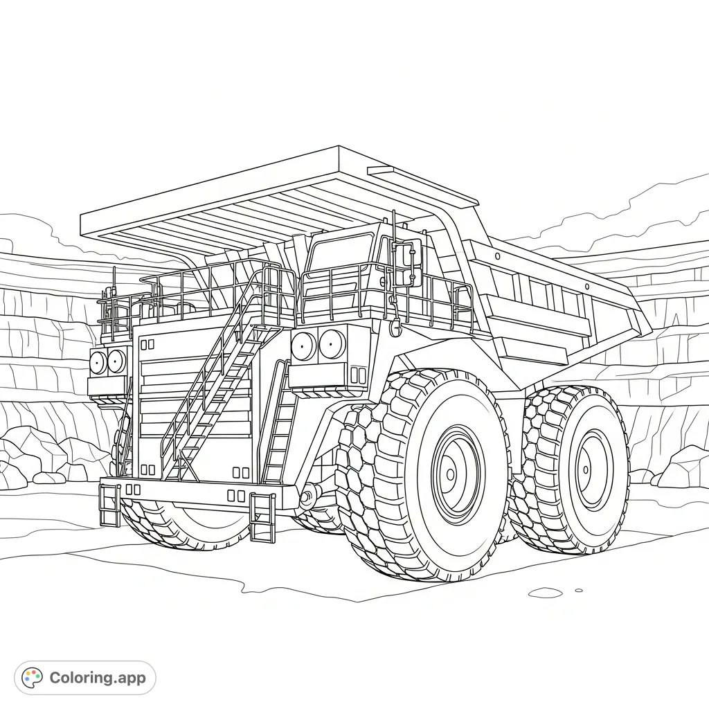 An imposing industrial haul truck with colossal tires and an angular dump body dominates the scene, set against a simplified, vast mine backdrop.