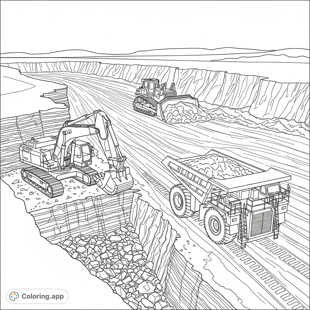 A flyover view of an active mining operation featuring detailed excavators, dump trucks, and bulldozers working simultaneously in an open-pit setting.