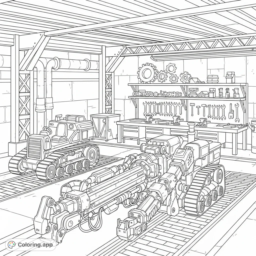 Explore an industrial mining bay with detailed equipment, including a large drill, a utility vehicle, and various tools on a workbench.