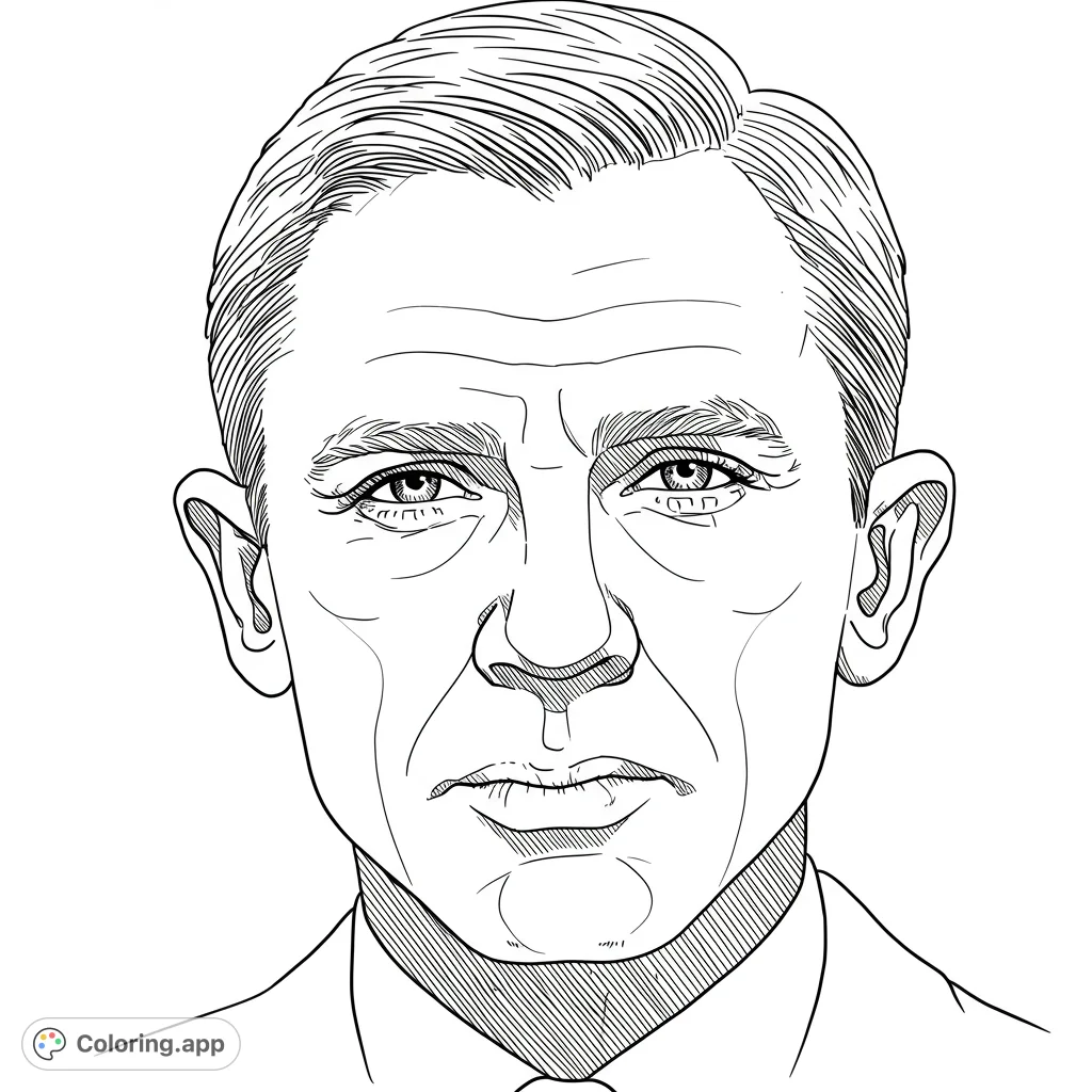 Detailed portrait of a man with an intense gaze, featuring crisp lines and subtle hatching, perfect for a free printable portrait coloring page.