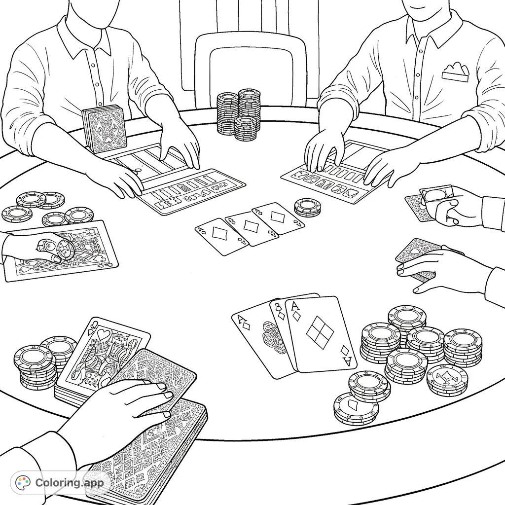 Dive into a thrilling poker game scene with players' hands, stacks of chips, and detailed cards. A free printable coloring page for all ages.