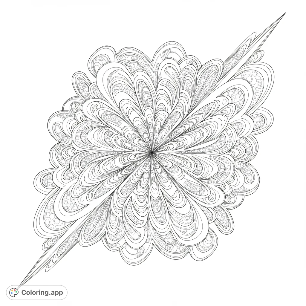 An intricate abstract pattern radiating from a central point, featuring complex lines, petal-like shapes, and detailed internal textures for a challenging coloring experience.
