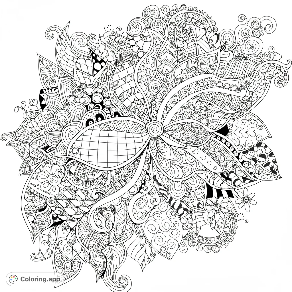 A highly detailed abstract botanical coloring page featuring intricate patterns, swirls, and floral motifs, perfect for mindful coloring and stress relief.