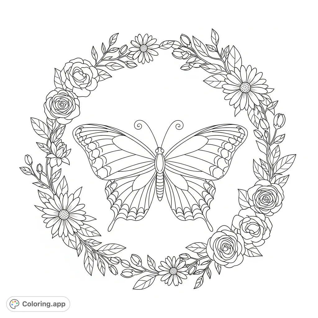 A beautiful butterfly with detailed wings nestled within a lush, circular floral wreath featuring a variety of blossoms and delicate foliage. Perfect for a relaxing coloring experience.