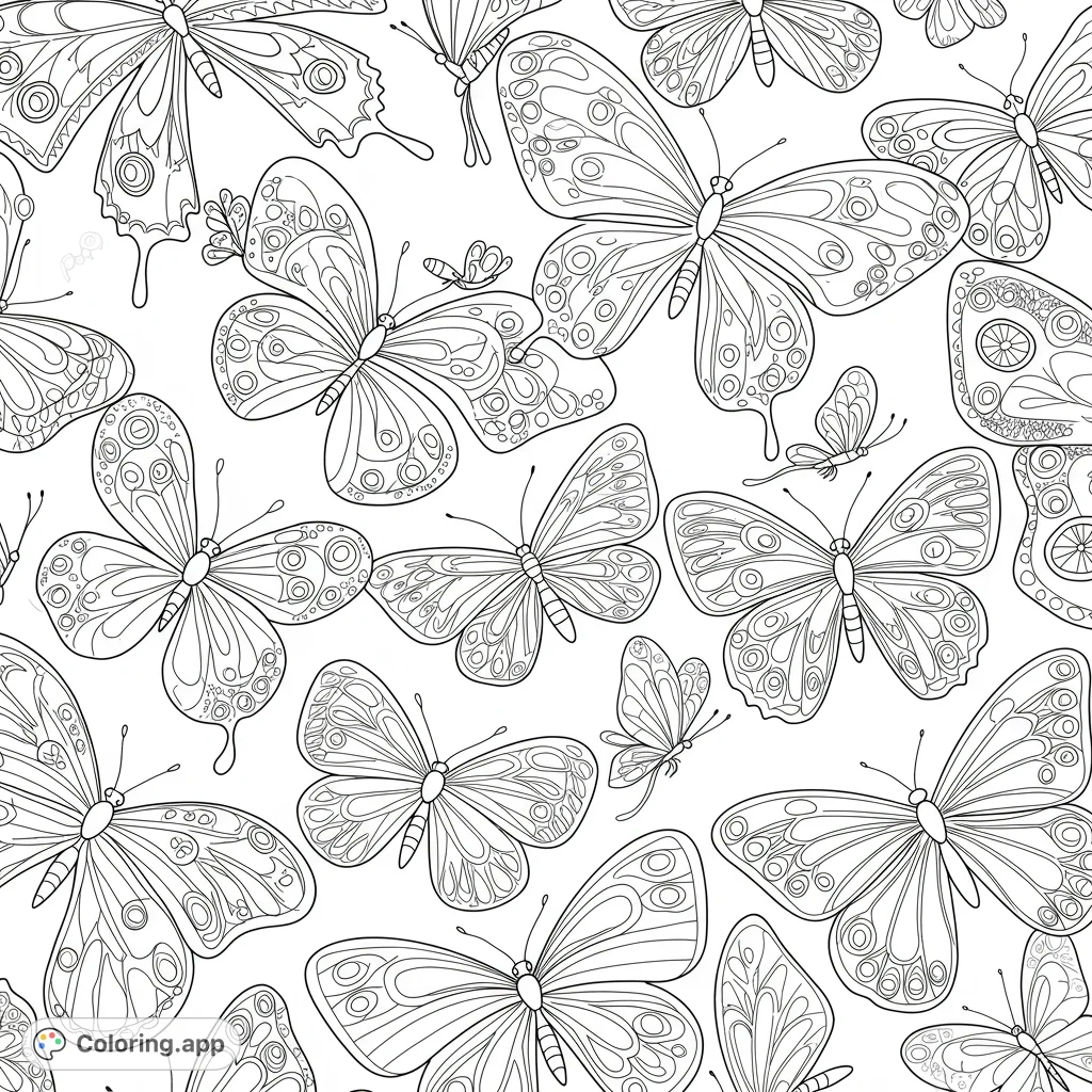 Discover a beautiful butterfly coloring page featuring a seamless pattern of intricately detailed butterflies. A free printable coloring page for all ages to enjoy.