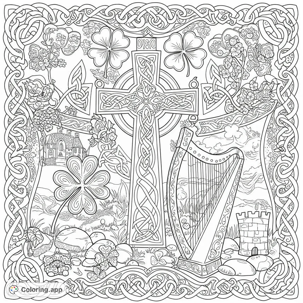 Explore a rich Celtic heritage coloring page featuring a detailed cross, harp, shamrocks, and a knotwork border. Free printable for all ages.