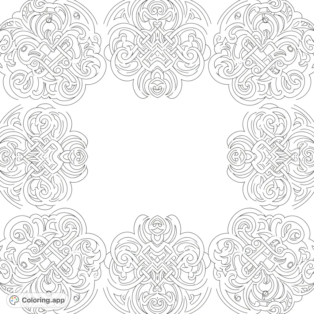 Intricate Celtic knot and scrollwork frame coloring page, perfect for mindful coloring and creative expression. Features detailed patterns.