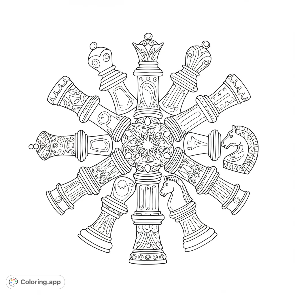 An intricate chess piece mandala coloring page featuring detailed kings, queens, knights, and bishops arranged radially around a complex central pattern.