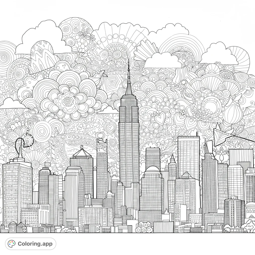 Explore a detailed cityscape coloring page with an intricate, abstract sky. A free printable urban zentangle design for adults and older kids.