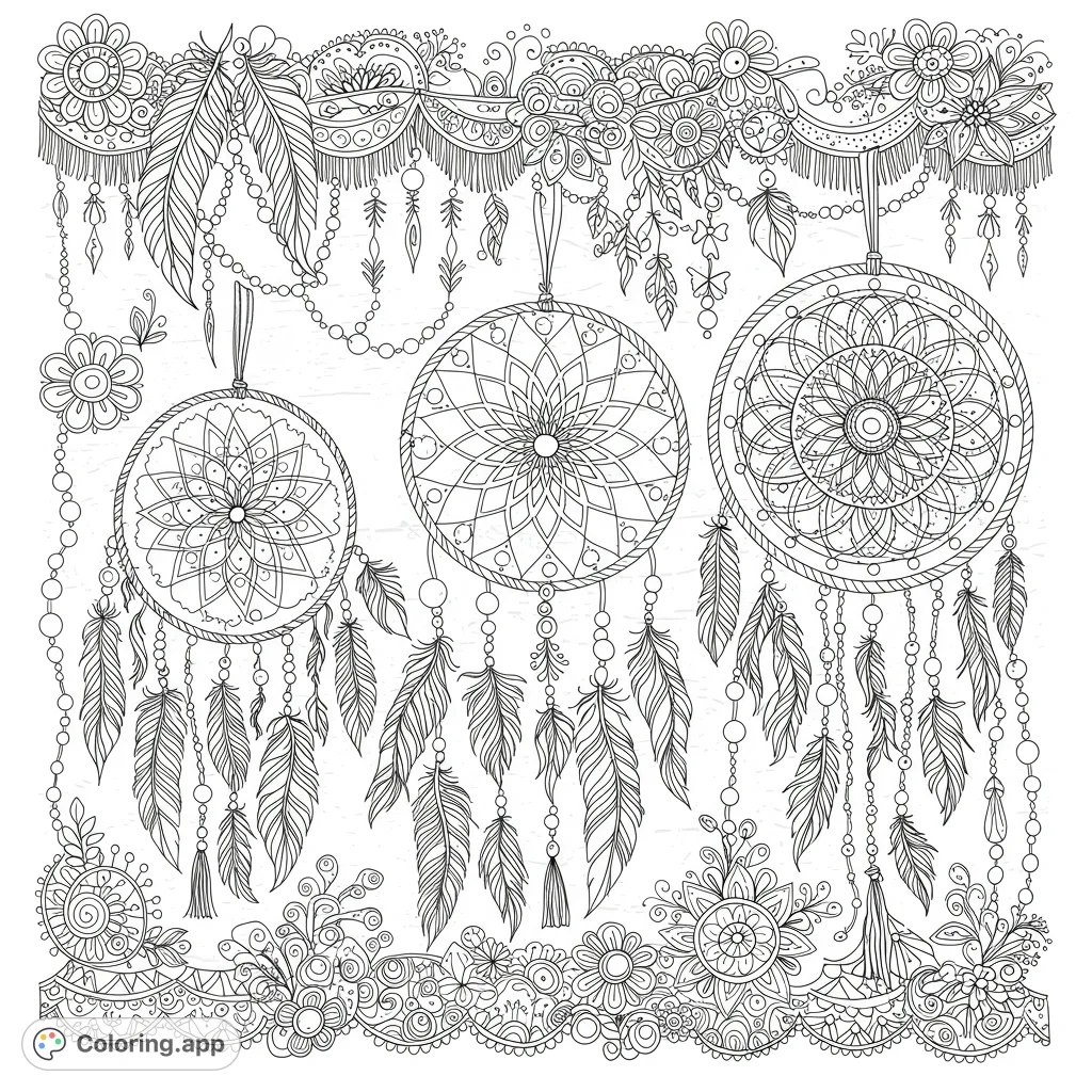 An intricate dreamcatcher coloring page featuring three detailed dreamcatchers, ornate feathers, and decorative floral borders. A free printable coloring page for all ages.