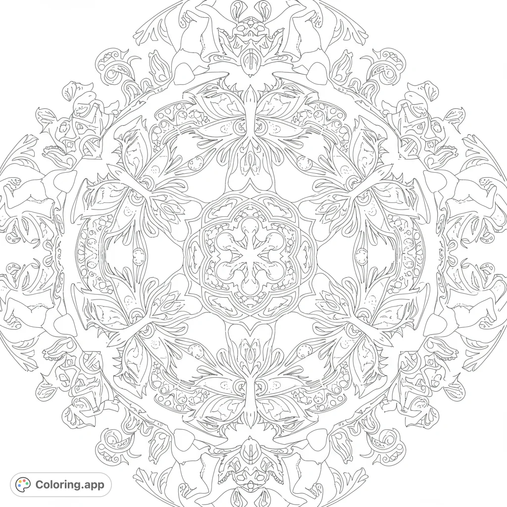 Discover an intricate floral deer mandala coloring page, a free printable design for mindful relaxation. Features symmetrical patterns and hidden animal motifs.