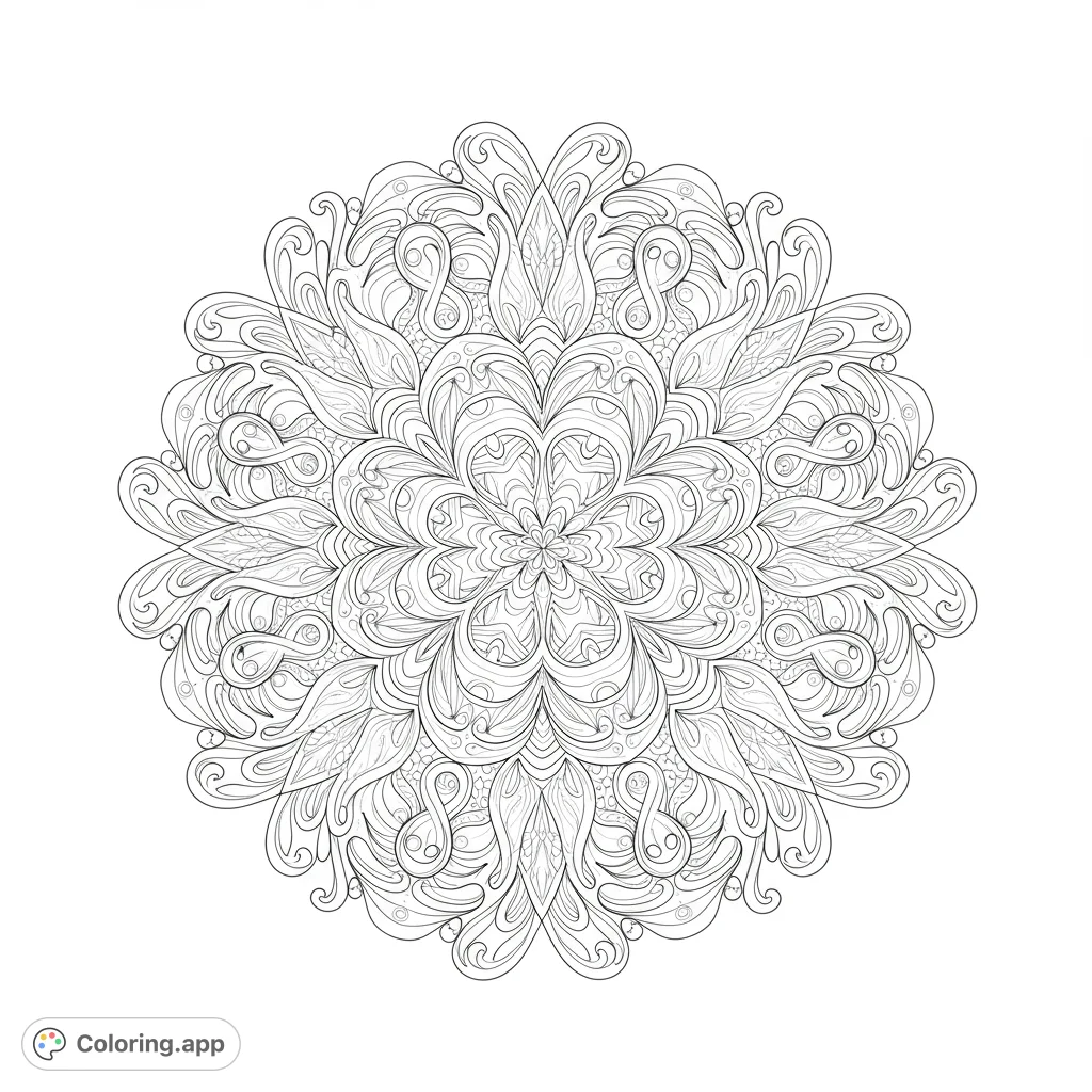 Detailed symmetrical mandala with intricate floral and organic patterns, perfect for mindful coloring and stress relief.