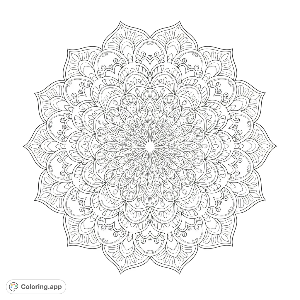 Detailed symmetrical mandala with intricate floral patterns, perfect for mindful coloring and relaxation. A beautiful free printable mandala coloring page.