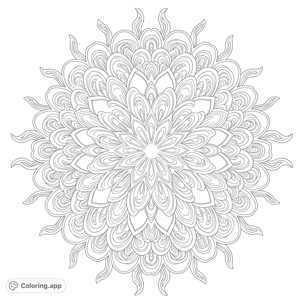 Discover an intricate floral mandala coloring page, a free printable design with complex patterns perfect for relaxation and creative expression. Ideal for all ages.