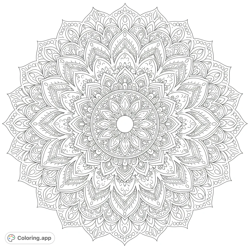 Discover a complex mandala coloring page featuring intricate floral and geometric patterns. Perfect for mindful coloring and stress relief.