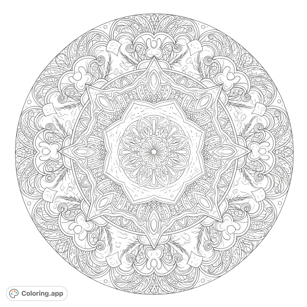 Discover an intricate floral mandala coloring page, perfect for relaxation. This free printable design offers detailed patterns for mindful coloring.