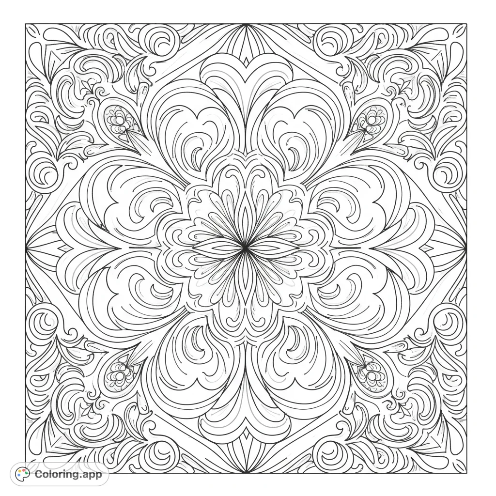 Discover an intricate floral mandala coloring page, perfect for relaxation and creativity. A free printable coloring page for all ages.