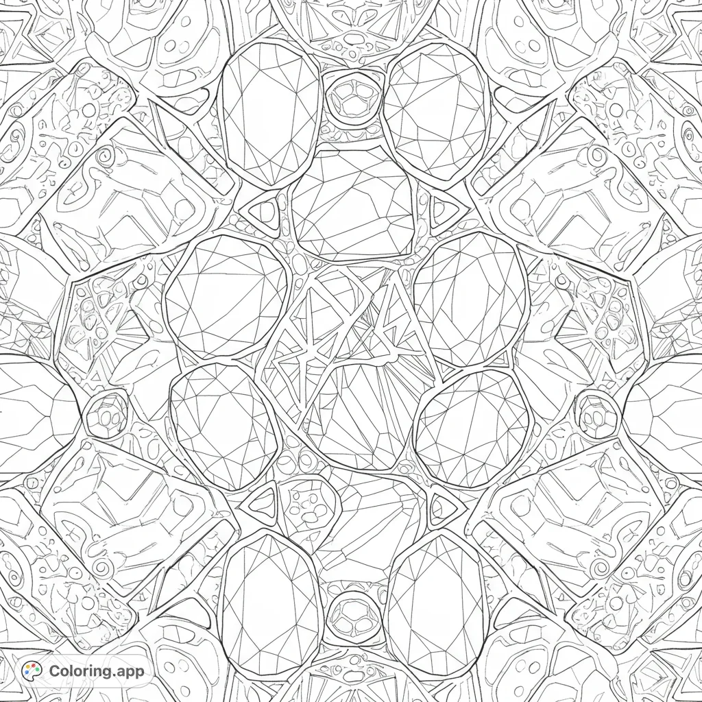 Intricate abstract pattern of faceted gems and organic shapes, perfect for detailed coloring. A complex gemstone mosaic coloring page.