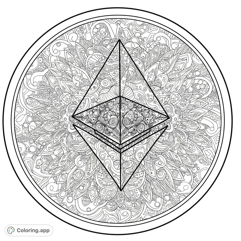 An intricate geometric mandala coloring page featuring a central crystal-like symbol surrounded by detailed swirling patterns, perfect for mindful coloring.