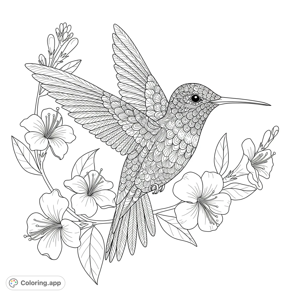 Discover a beautiful hummingbird coloring page, intricately detailed with delicate feathers and surrounded by blooming flowers. A free printable coloring page for all ages.