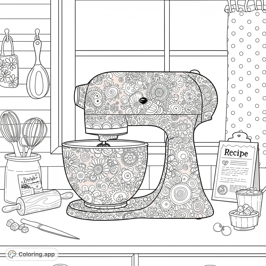 A delightful kitchen scene featuring a highly detailed, zentangle-patterned stand mixer, surrounded by baking tools and fresh berries. Perfect for creative coloring.