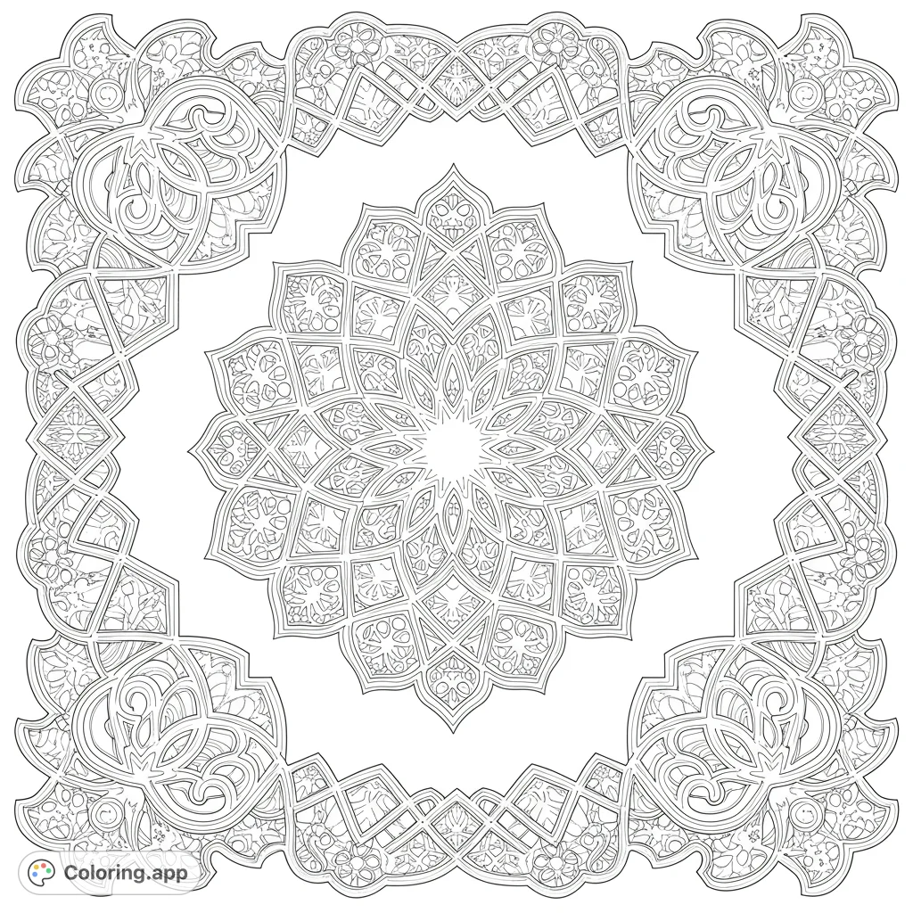 An intricate mandala coloring page with a detailed central design framed by an ornate geometric border, perfect for mindful coloring and relaxation.