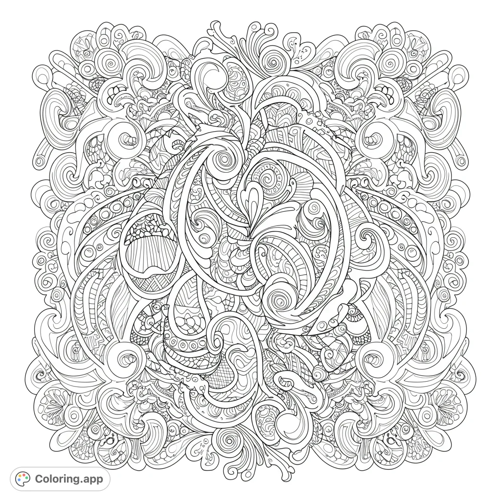 Dive into a complex abstract pattern featuring intricate swirls, organic shapes, and detailed motifs. A free printable abstract coloring page for adults.