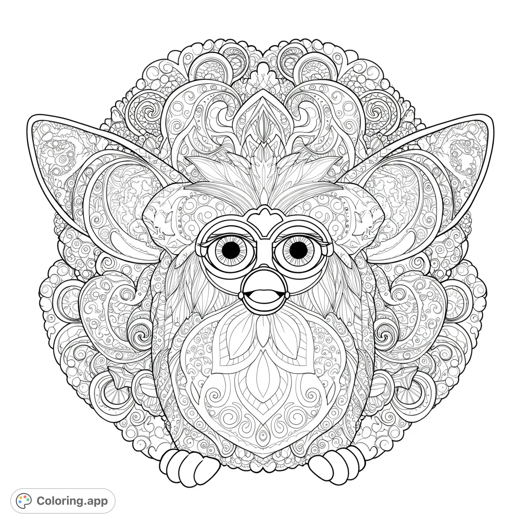 Detailed creature with large eyes and ears, surrounded by an intricate mandala pattern, perfect for mindful coloring. A free printable coloring page.