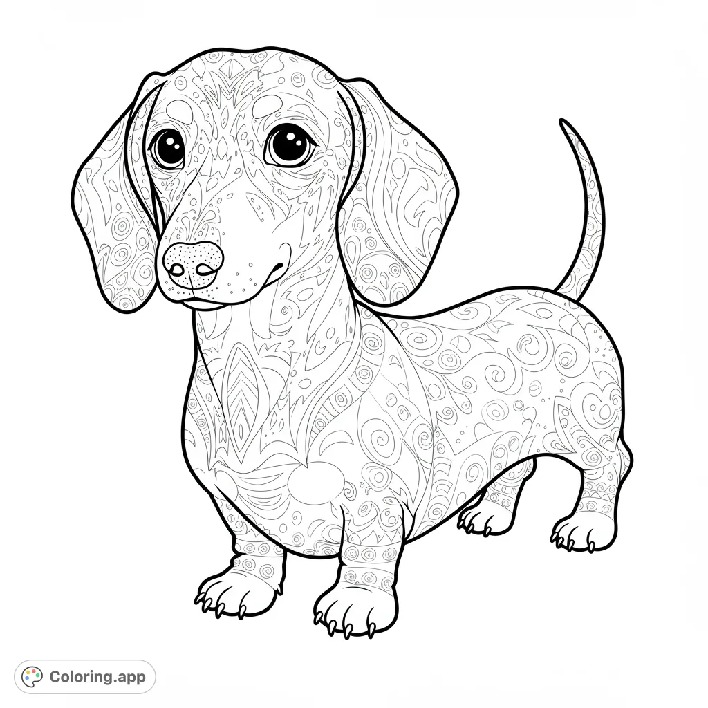 An adorable dachshund puppy adorned with intricate, swirling patterns, perfect for detailed coloring fun. A free printable coloring page for all ages.